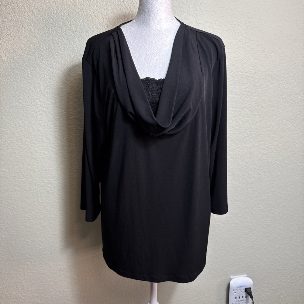 JM Collection Women's Top Size XL 3/4 Sleeve Black Drape Lace Stretch Whimsigoth